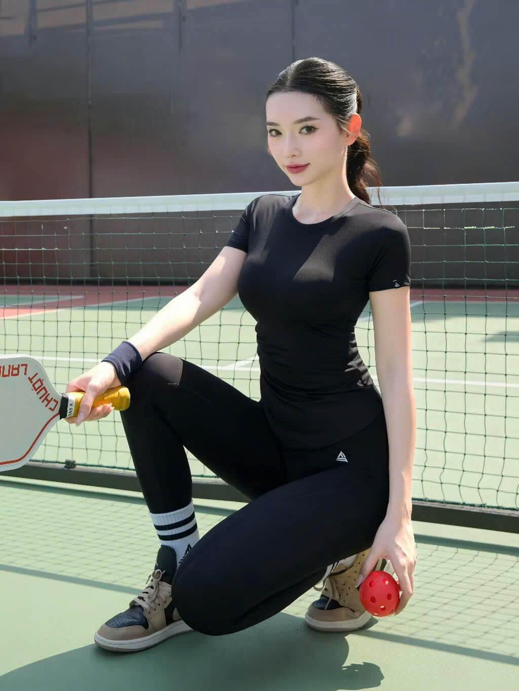 Set trang phục pickleball nữ áo ôm tay ngắn quần legging co giãn 4 chiều