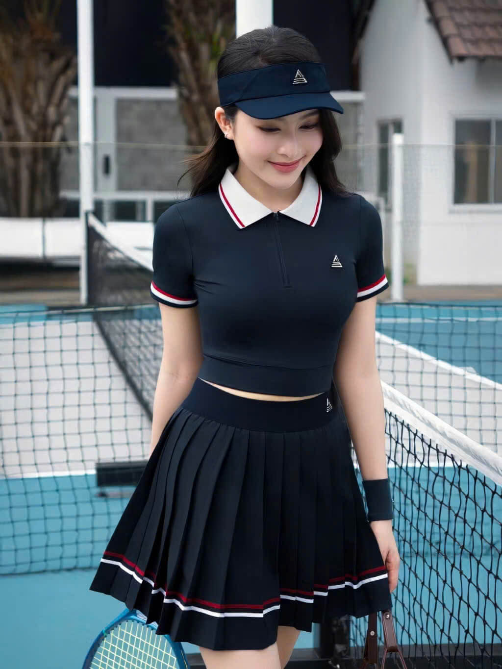SET VÁY THỂ THAO NỮ ÁO CROPTOP CỔ POLO VÀ CHÂN VÁY XẾP LY
