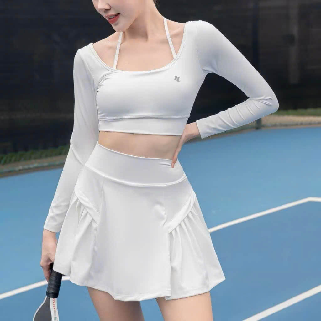 SET VÁY NỮ THỂ THAO PICKLEBALL ÁO CROPTOP DÀI TAY VÀ CHÂN VÁY XẾP LY